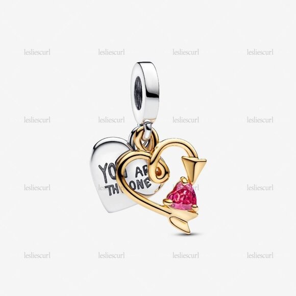 Pandora Engravable Heart & Arrow Double Dangle Charm|Two-tone - Picture 1 of 2